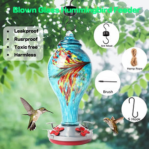 Hand Blown Glass Hummingbird Feeder - 25 Ounces - Libiyi