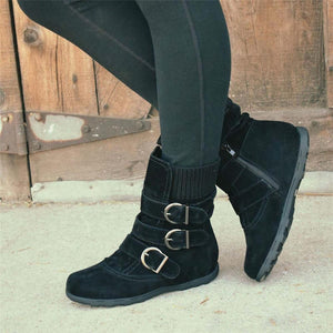 Cushioned Low-Calf Buckled Boots Low Heel Knitted Fabric Zipper Slip On Boots - MagCloset