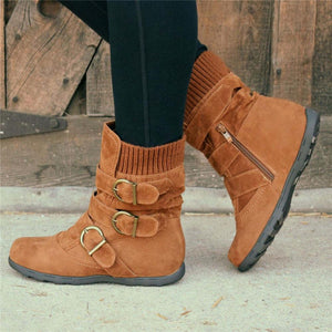 Cushioned Low-Calf Buckled Boots Low Heel Knitted Fabric Zipper Slip On Boots - MagCloset