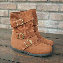 Load image into Gallery viewer, Cushioned Low-Calf Buckled Boots Low Heel Knitted Fabric Zipper Slip On Boots - MagCloset