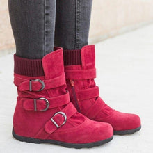 Load image into Gallery viewer, Cushioned Low-Calf Buckled Boots Low Heel Knitted Fabric Zipper Slip On Boots - MagCloset