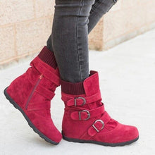 Load image into Gallery viewer, Cushioned Low-Calf Buckled Boots Low Heel Knitted Fabric Zipper Slip On Boots - MagCloset