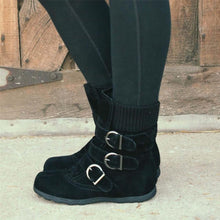 Load image into Gallery viewer, Cushioned Low-Calf Buckled Boots Low Heel Knitted Fabric Zipper Slip On Boots - MagCloset